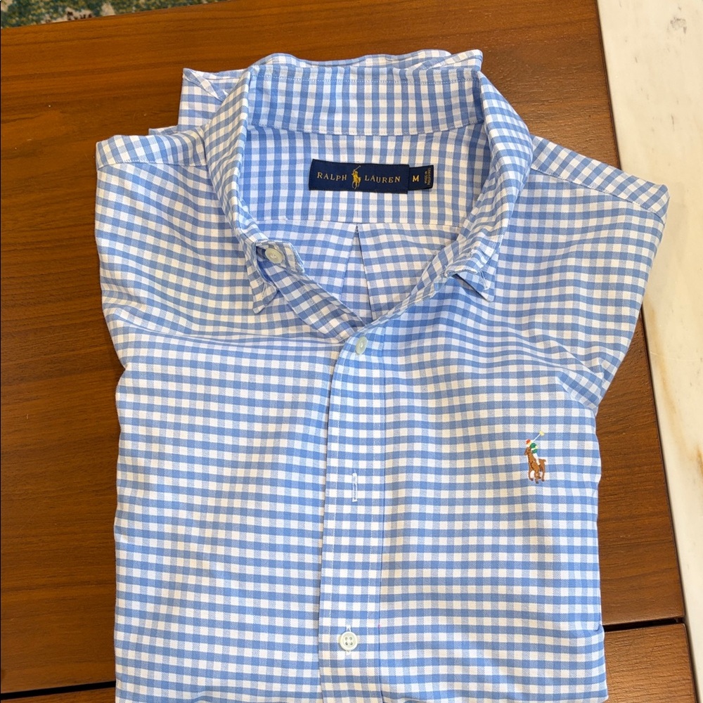 Ralph Lauren Gingham Button Down Shirt in Sky Blue and White